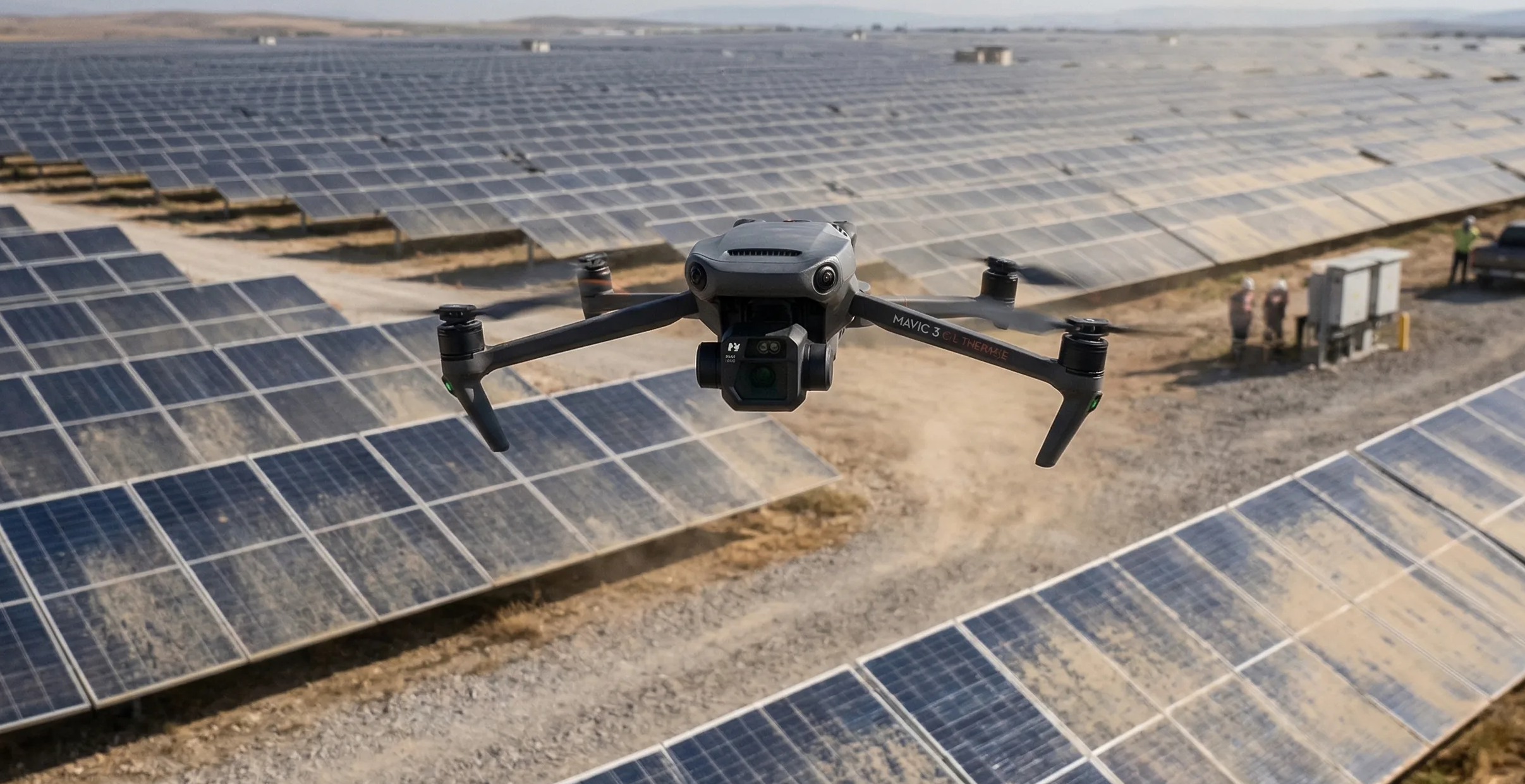 Drone flying low above a solar array where reflective surfaces and repeated geometry make overlap choices critical.