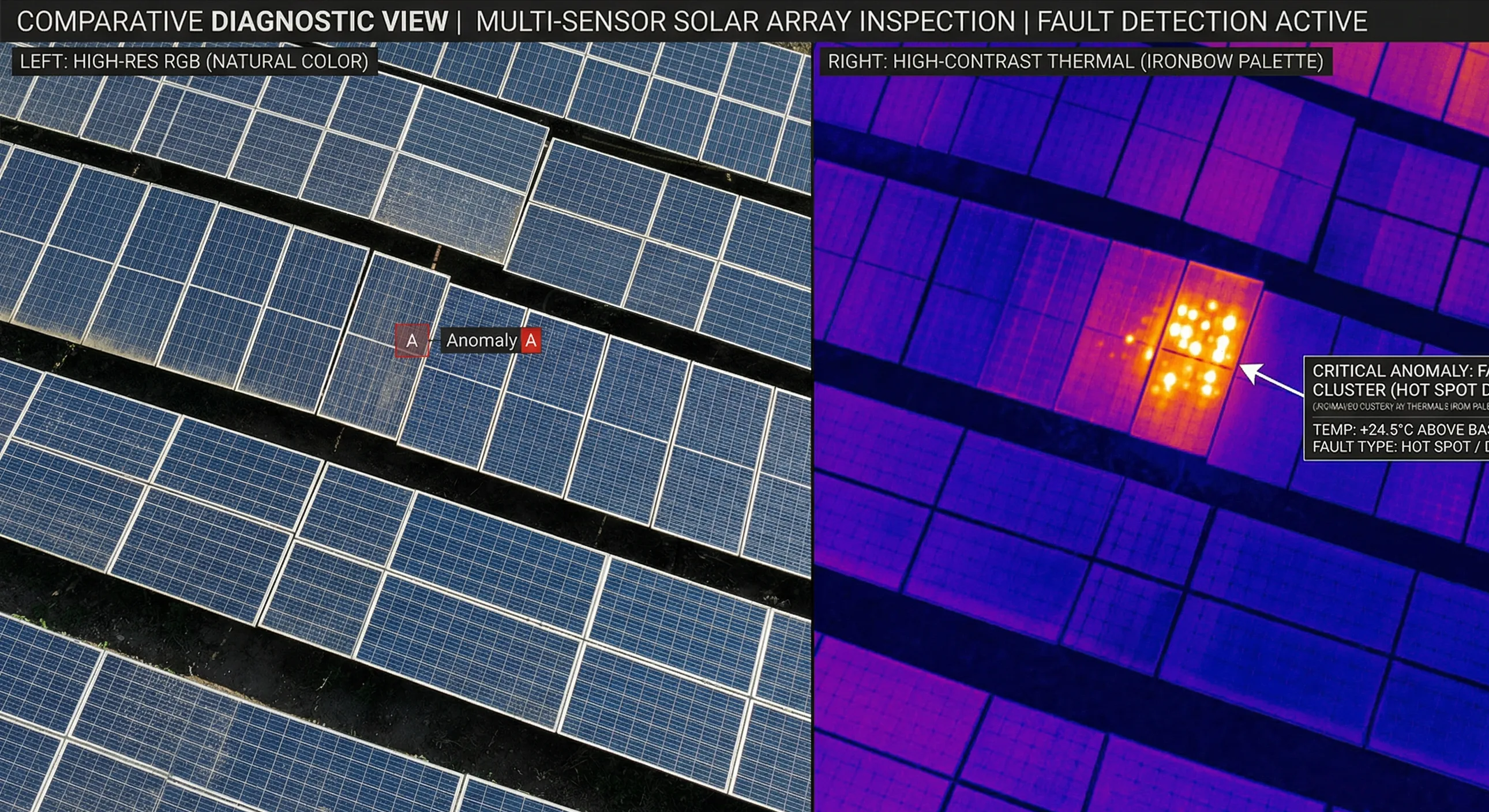 Split comparison of RGB and thermal views across a solar array showing how repeated observations help isolate anomalies.