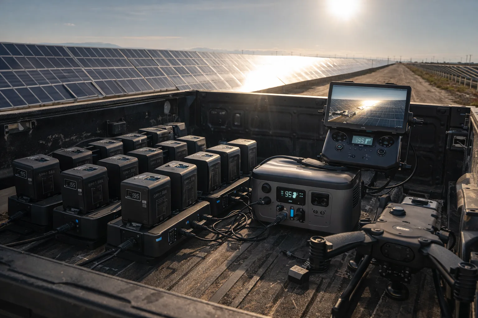 Battery charging station and drone ground setup beside a solar facility during mission preparation.
