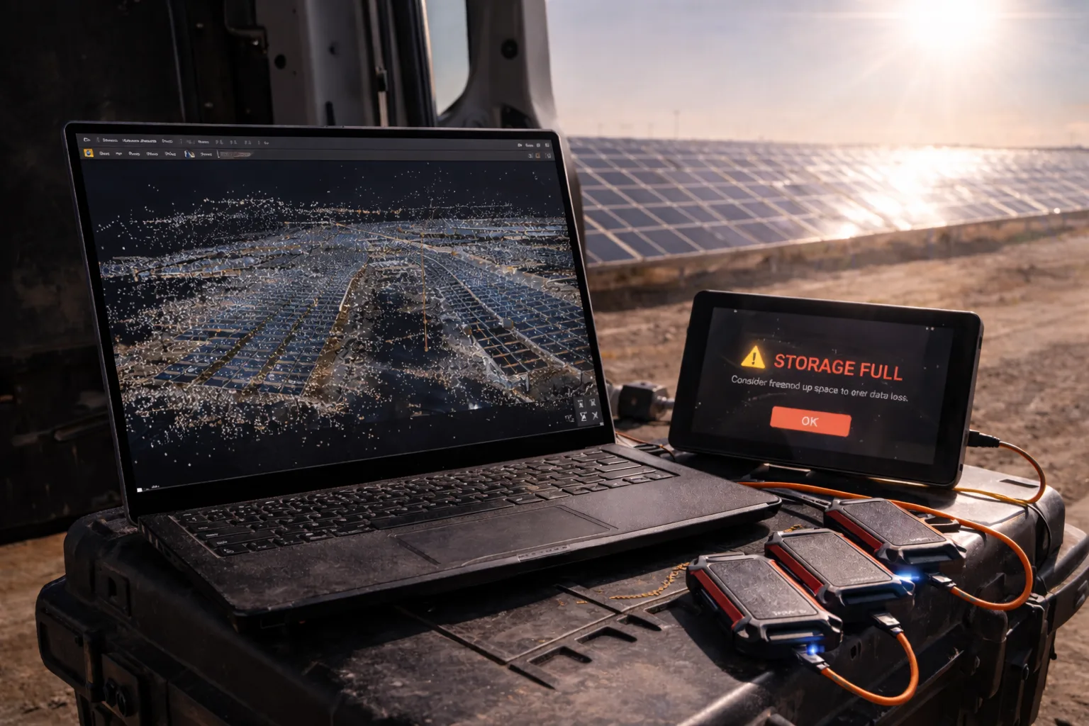 Computer screen showing a multi-terabyte mission folder beside a rugged external SSD used for field backups.