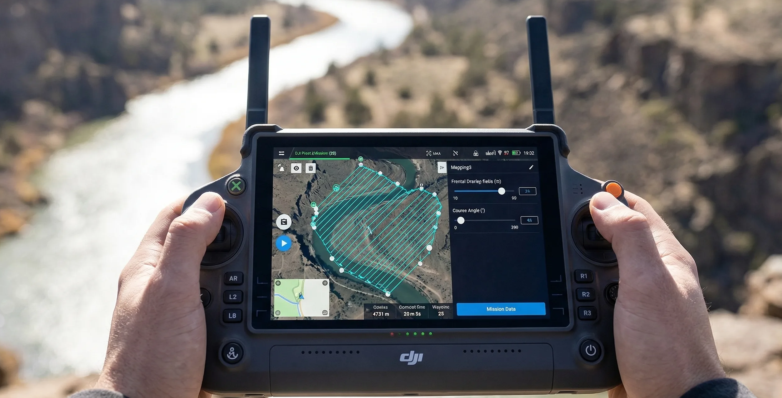 Field surveyor preparing a multi-sensor drone under dark clouds before a mapping mission.