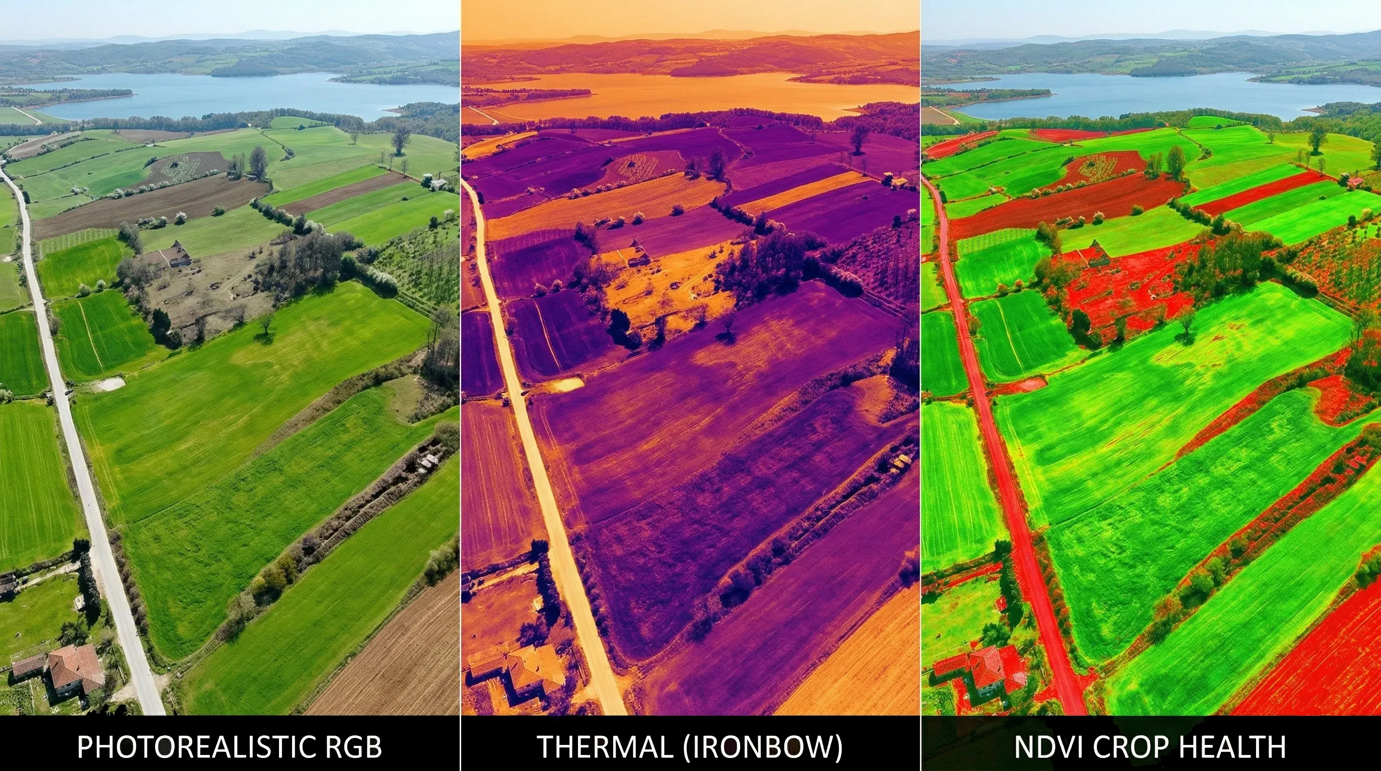 Three side-by-side aerial views comparing RGB, thermal, and NDVI-style multispectral outputs over farmland.