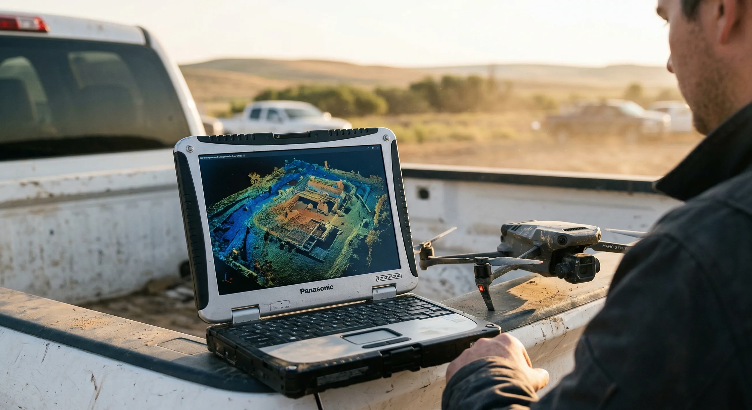 Field operator reviewing a photogrammetry model on a rugged laptop beside a survey drone.