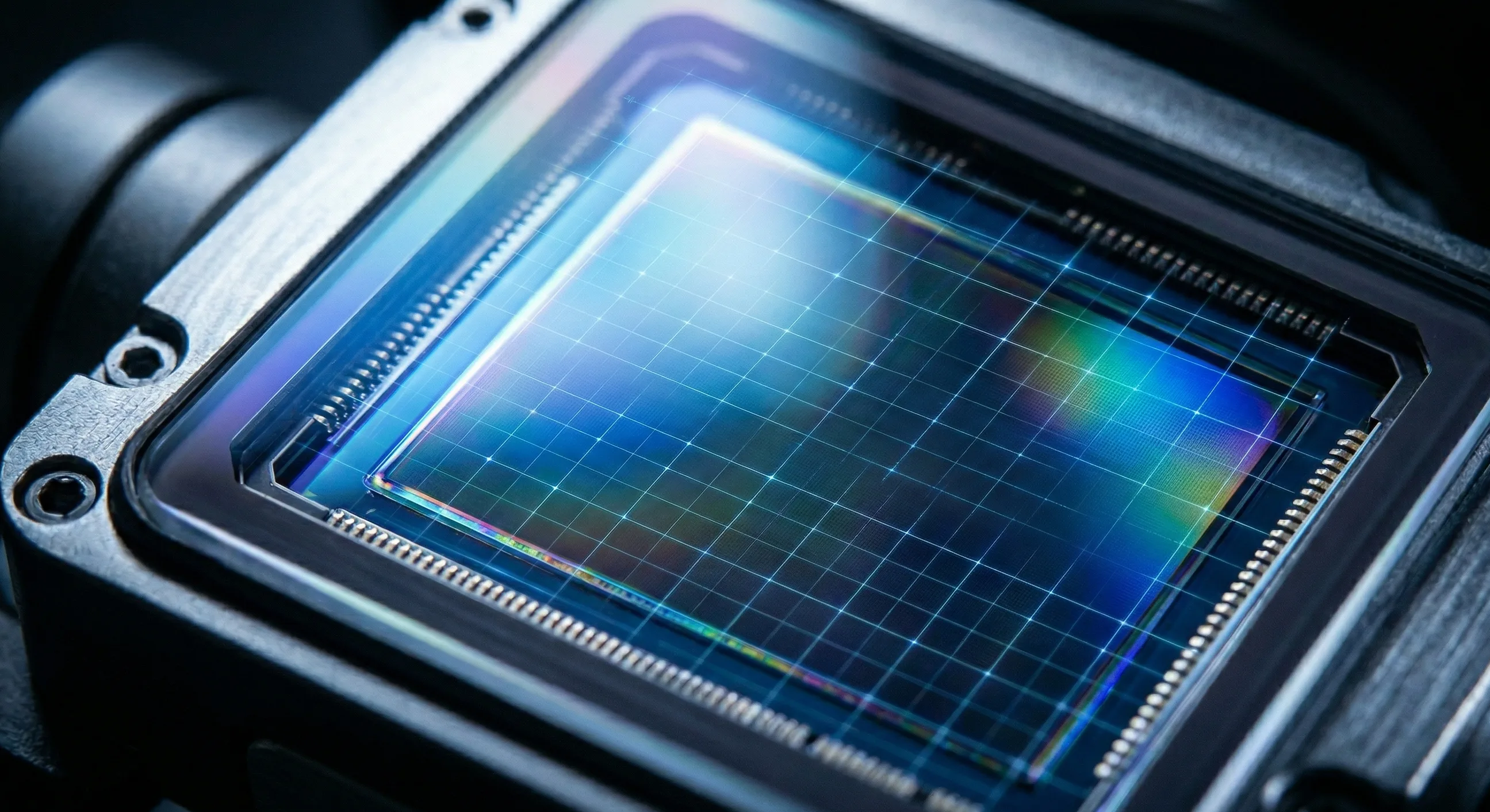 Close-up of a camera sensor showing the physical surface where pixel pitch and sensor dimensions drive GSD calculations.