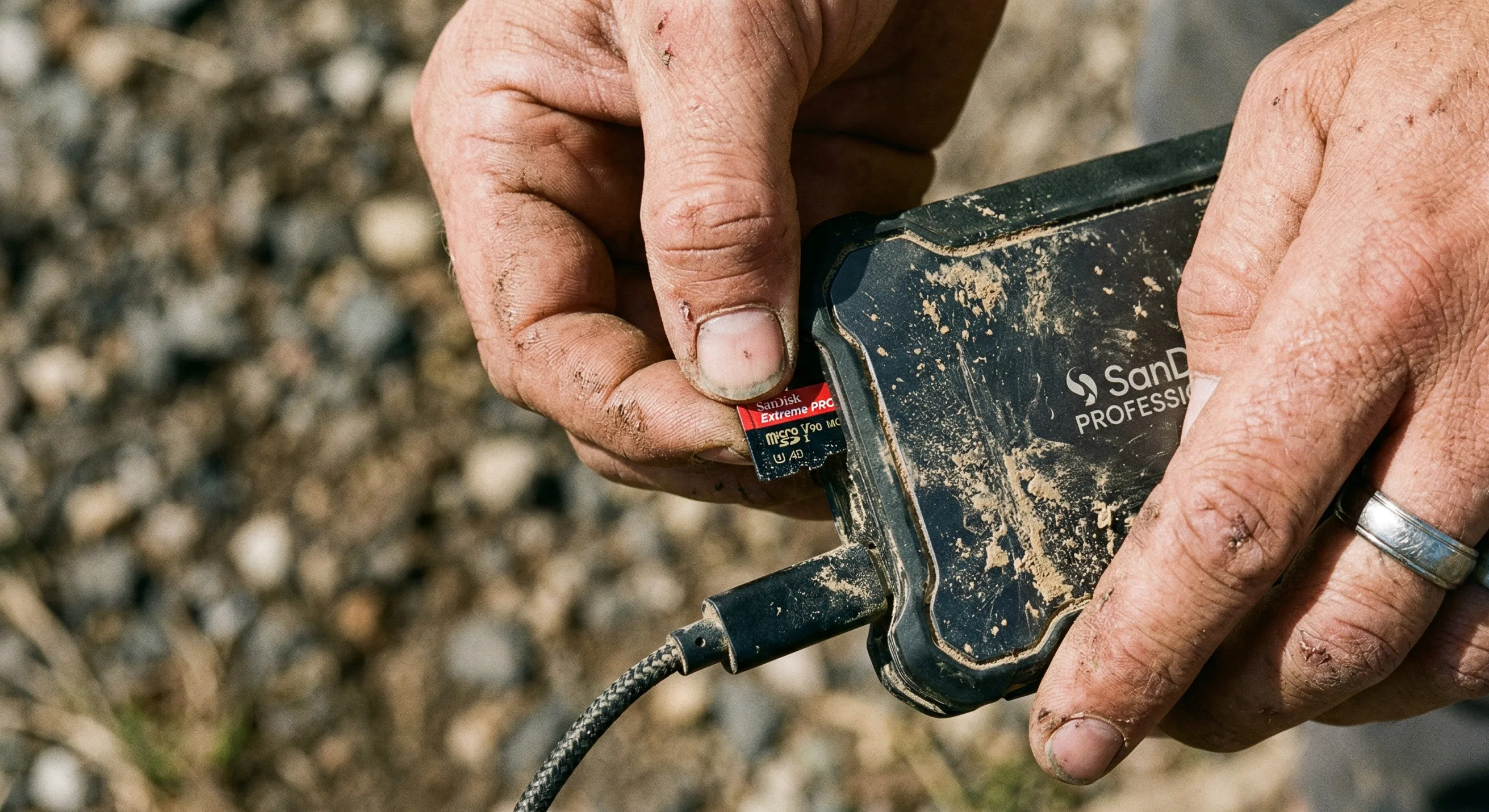 Hands loading a high-speed microSD card into rugged field storage during a mapping mission.